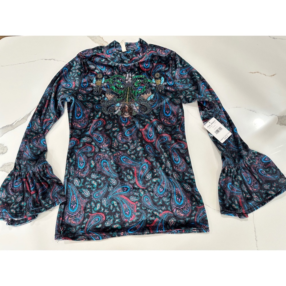 Free People Top Velvet Paisley Beaded Embellished Bell Sleeve Black Large